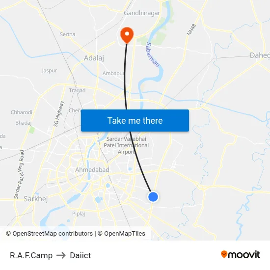 R.A.F.Camp to Daiict map