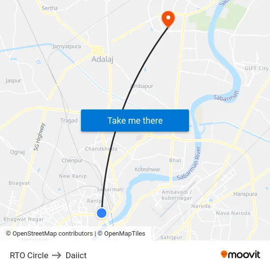 RTO Circle to Daiict map