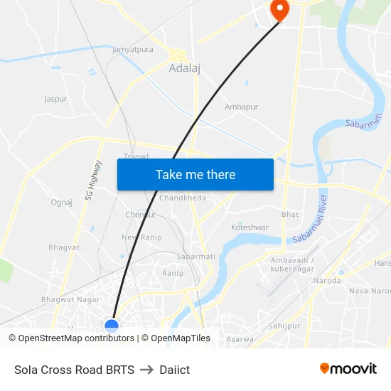 Sola Cross Road BRTS to Daiict map