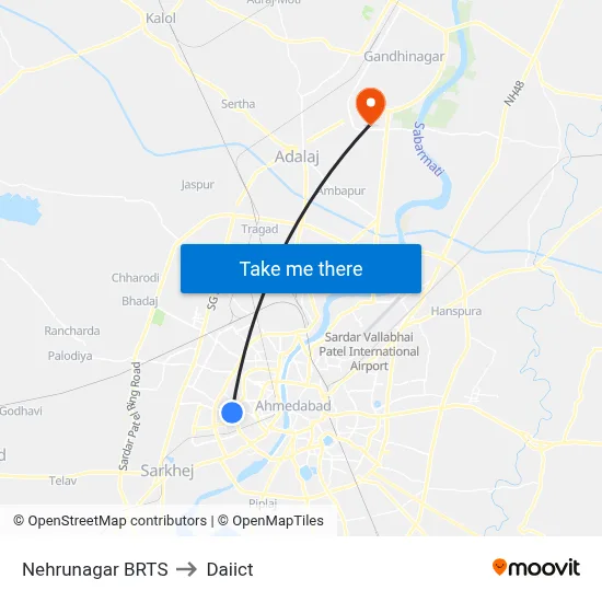 Nehrunagar BRTS to Daiict map