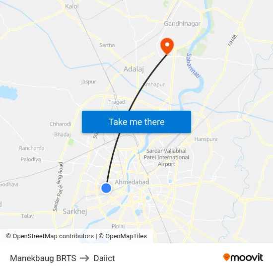 Manekbaug BRTS to Daiict map
