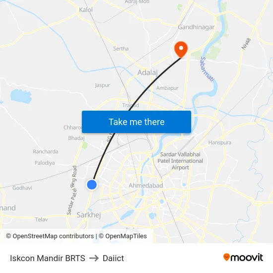 Iskcon Mandir BRTS to Daiict map