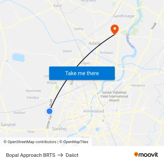 Bopal Approach BRTS to Daiict map