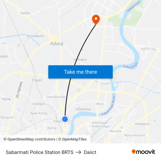 Sabarmati Police Station BRTS to Daiict map