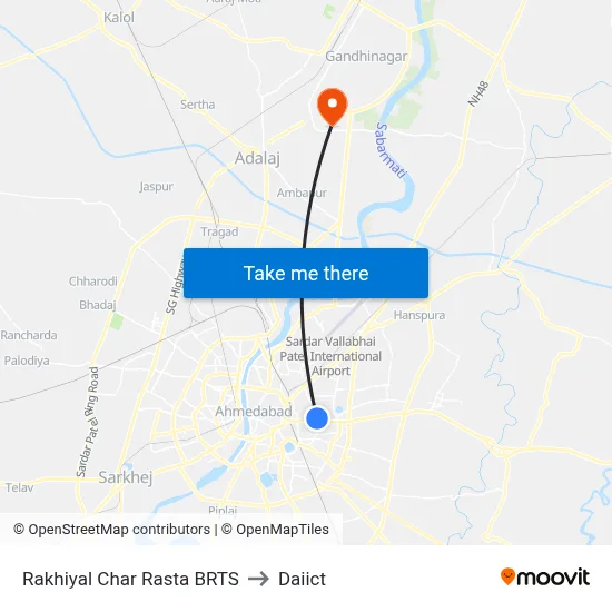 Rakhiyal Char Rasta BRTS to Daiict map