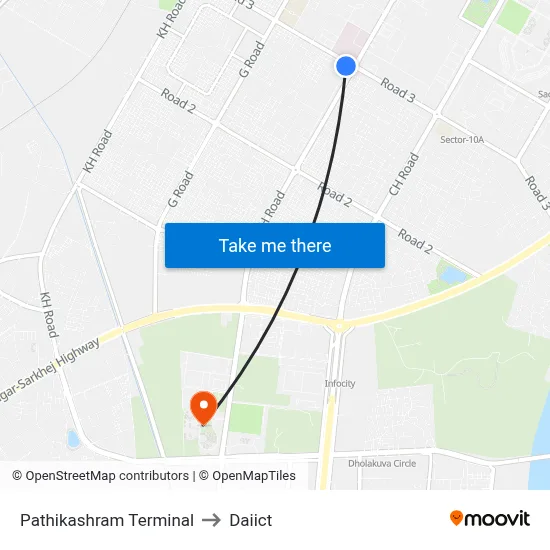 Pathikashram Terminal to Daiict map