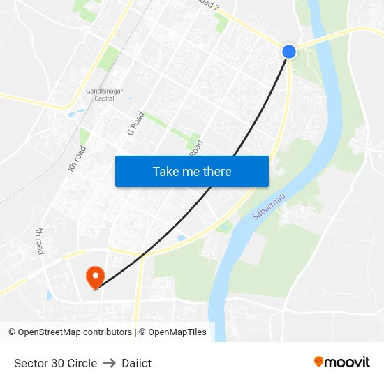Sector 30 Circle to Daiict map