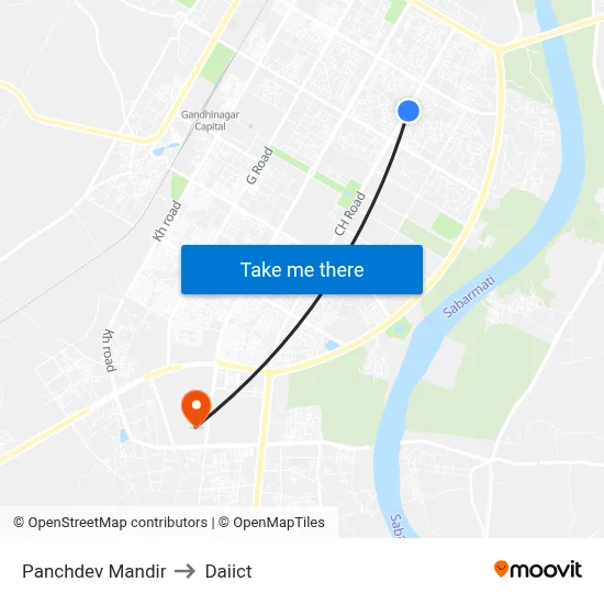 Panchdev Mandir to Daiict map
