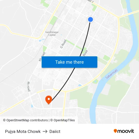 Pujya Mota Chowk to Daiict map