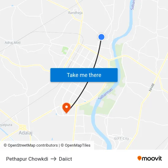 Pethapur Chowkdi to Daiict map
