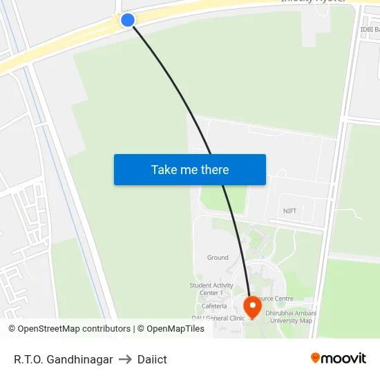 R.T.O. Gandhinagar to Daiict map
