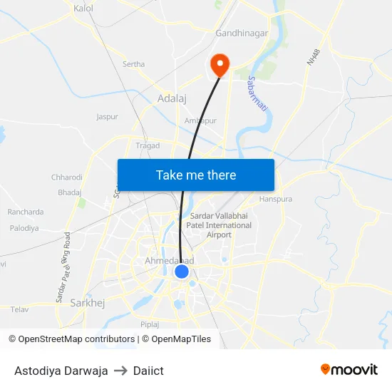 Astodiya Darwaja to Daiict map