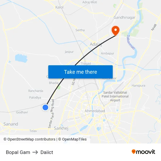 Bopal Gam to Daiict map