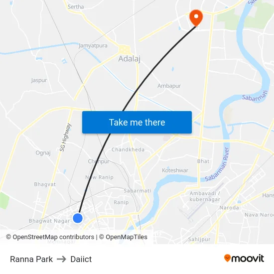 Ranna Park to Daiict map