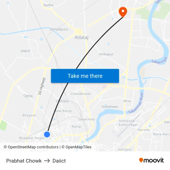 Prabhat Chowk to Daiict map