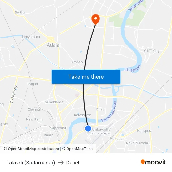 Talavdi (Sadarnagar) to Daiict map
