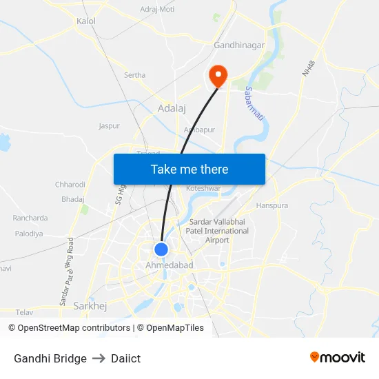 Gandhi Bridge to Daiict map