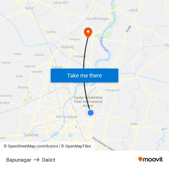 Bapunagar to Daiict map