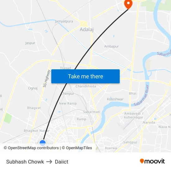 Subhash Chowk to Daiict map