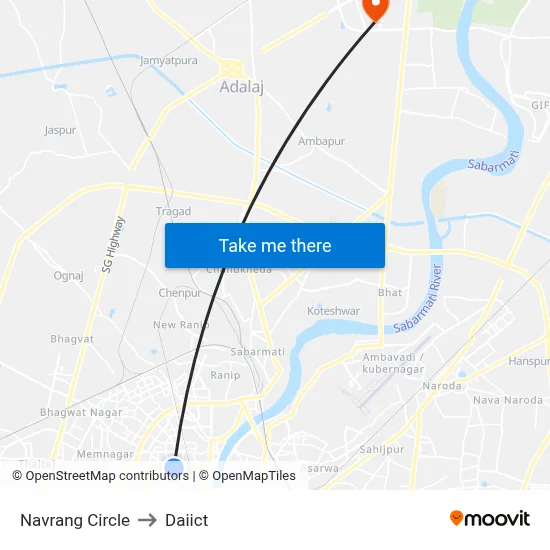 Navrang Circle to Daiict map