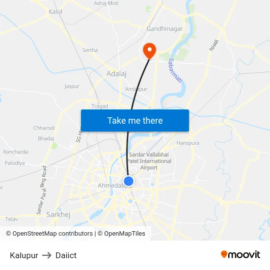 Kalupur to Daiict map