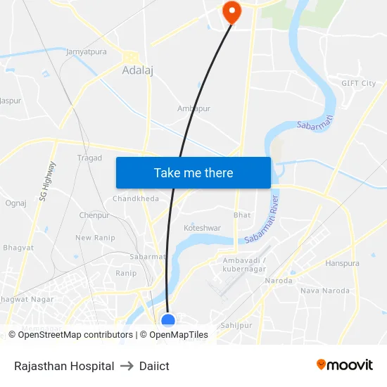 Rajasthan Hospital to Daiict map