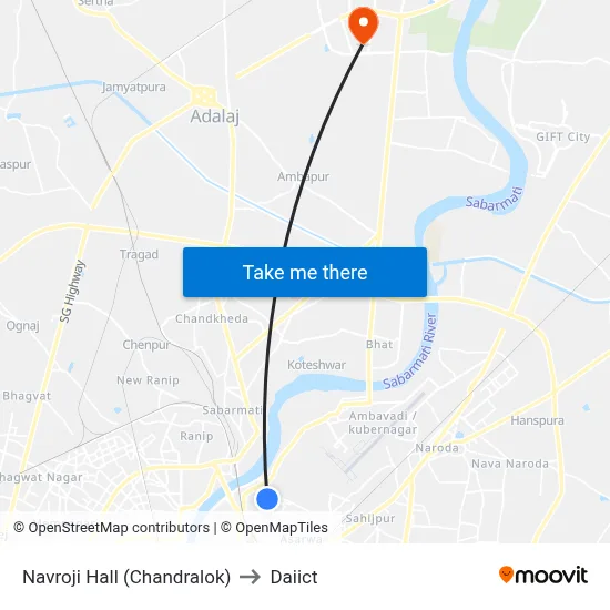 Navroji Hall (Chandralok) to Daiict map