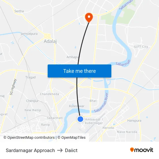 Sardarnagar Approach to Daiict map
