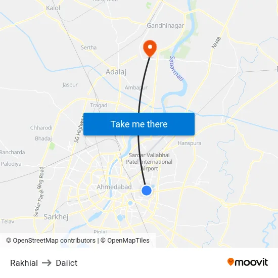Rakhial to Daiict map