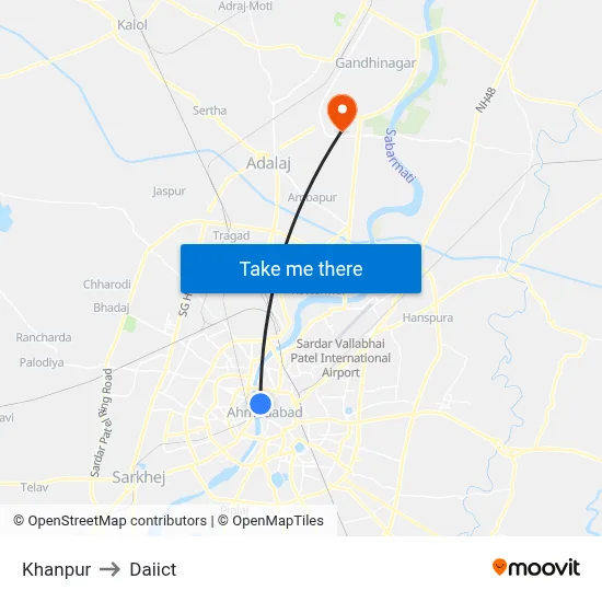 Khanpur to Daiict map