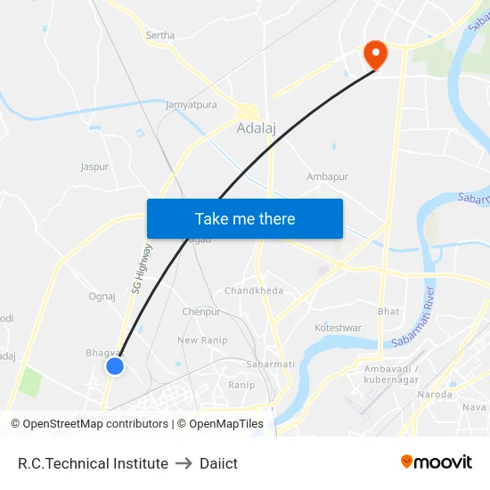 R.C.Technical Institute to Daiict map