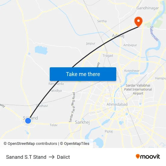 Sanand S.T Stand to Daiict map