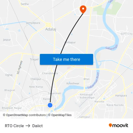 RTO Circle to Daiict map
