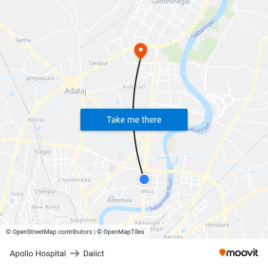 Apollo Hospital to Daiict map