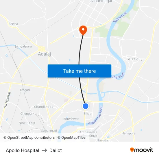 Apollo Hospital to Daiict map