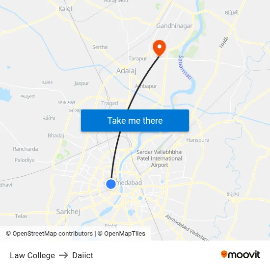 Law College to Daiict map