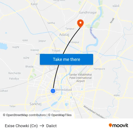 Exise Chowki (Cn) to Daiict map