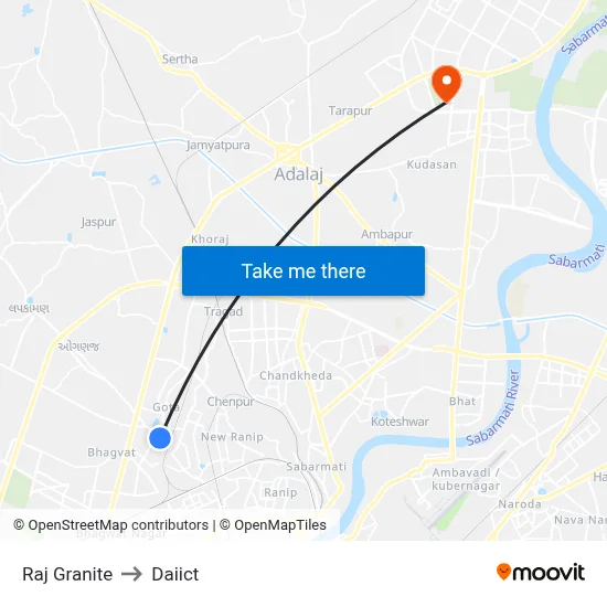 Raj Granite to Daiict map