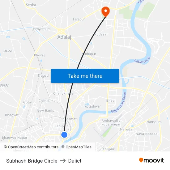 Subhash Bridge Circle to Daiict map