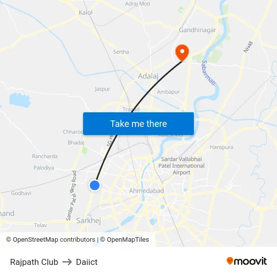 Rajpath Club to Daiict map