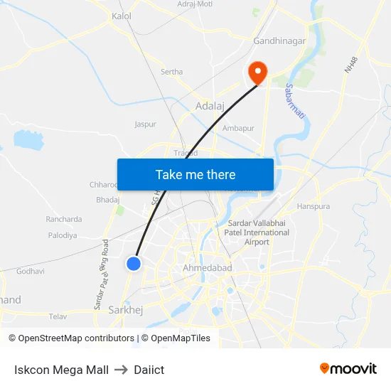 Iskcon Mega Mall to Daiict map
