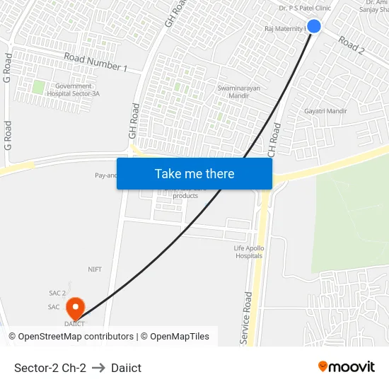 Sector-2 Ch-2 to Daiict map