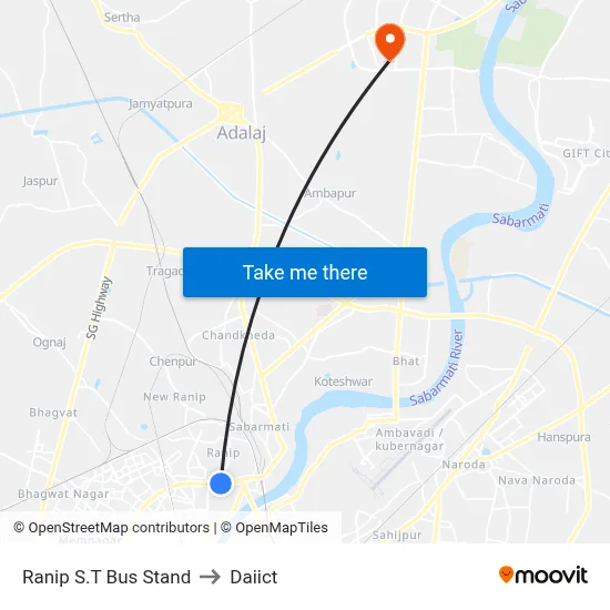 Ranip S.T Bus Stand to Daiict map