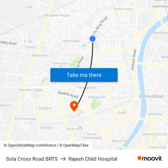 Sola Cross Road BRTS to Rajesh Child Hospital map