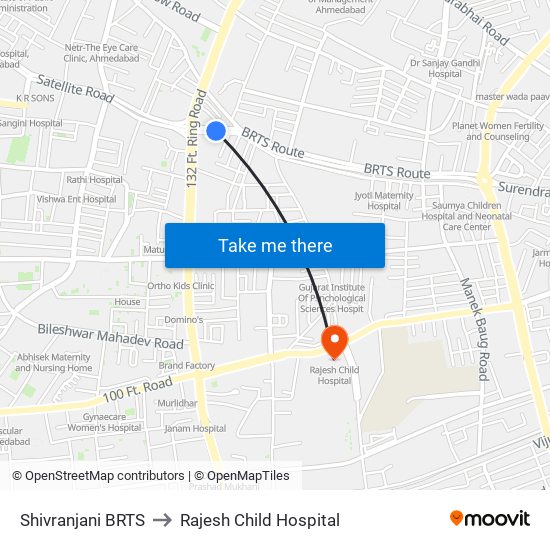 Shivranjani BRTS to Rajesh Child Hospital map