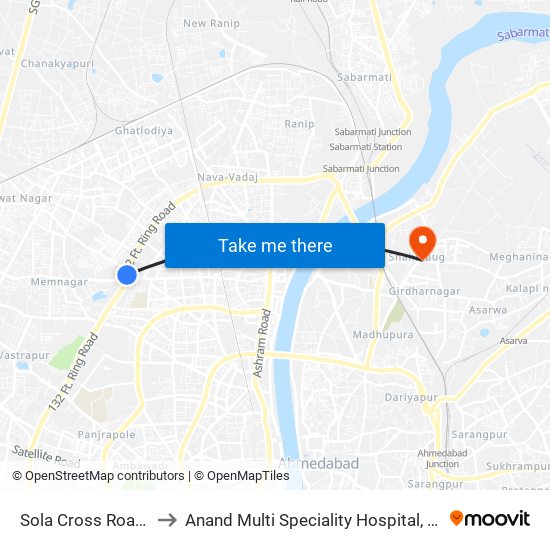 Sola Cross Road BRTS to Anand Multi Speciality Hospital, Ahmedabad map