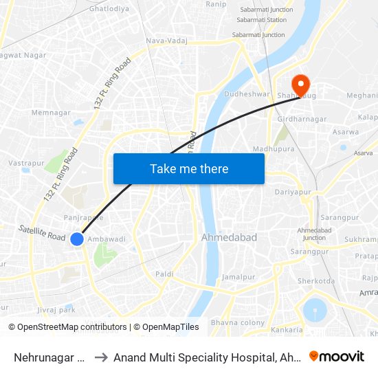Nehrunagar BRTS to Anand Multi Speciality Hospital, Ahmedabad map