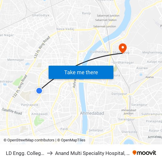 LD Engg. College BRTS to Anand Multi Speciality Hospital, Ahmedabad map