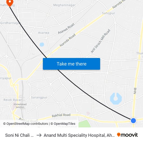 Soni Ni Chali BRTS to Anand Multi Speciality Hospital, Ahmedabad map