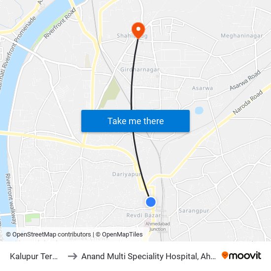 Kalupur Terminus to Anand Multi Speciality Hospital, Ahmedabad map